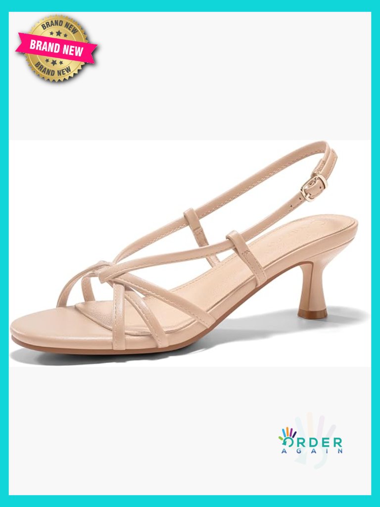 Open Toe Kitten Heel Slingback Sandals Strappy Buckle Closure Dressy Casual
